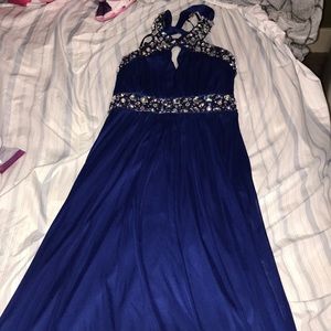 Navy blue full length prom dress with bling